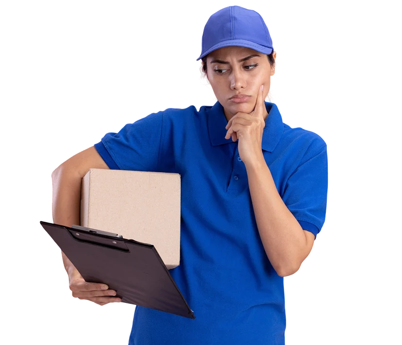 OM Air Express courier staff holding a parcel and delivery clipboard